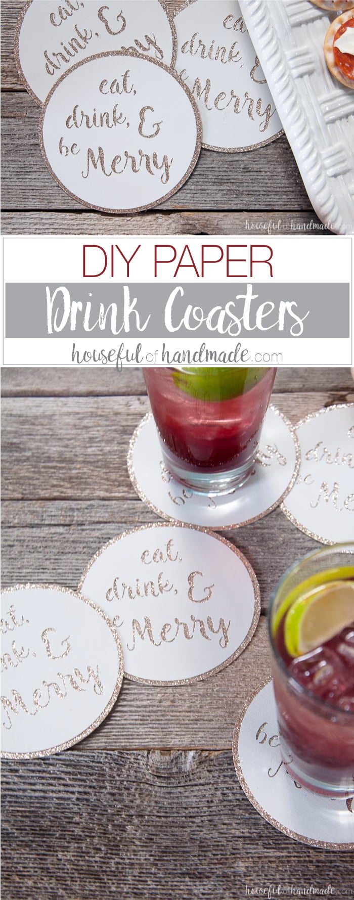 Save your table tops during your next party by making a bunch of paper coasters to sprinkle around the house. These DIY drink coasters are super quick and easy to make so you will be ready to party in no time! Also, 25+ other fun cocktail party ideas for you to get party ready. | Housefulofhandmade.com