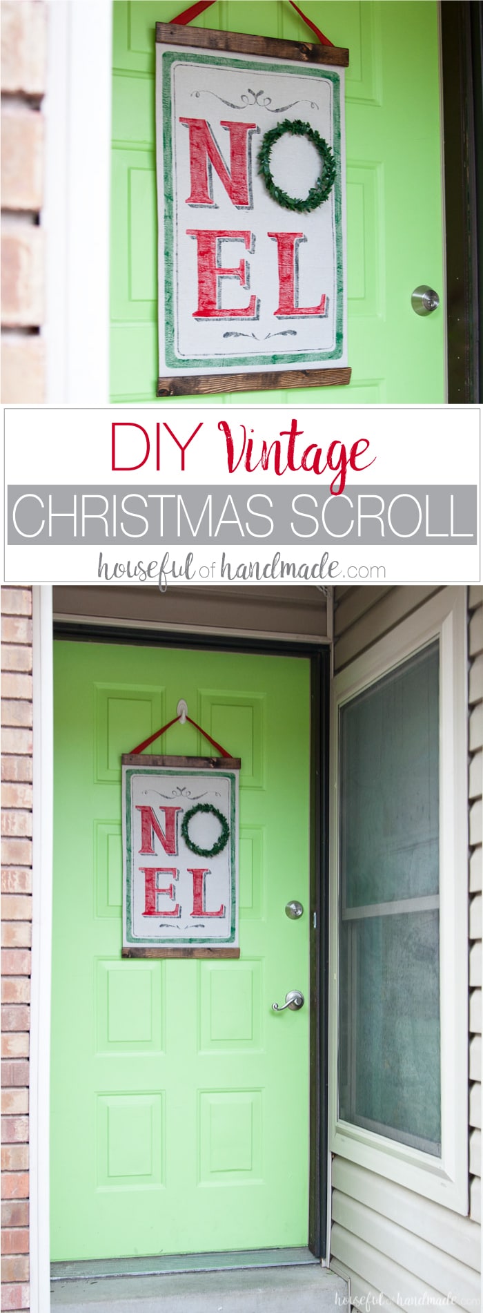Love the look of vintage Christmas decor but don't have the budget for it? You can make this DIY vintage Christmas scroll with a few feet of drop cloth and some paint. Use a Silhouette Cameo to make a vinyl stencil for perfectly painted lines. It's the perfect not-so-vintage Christmas decor. | Housefulofhandmade.com