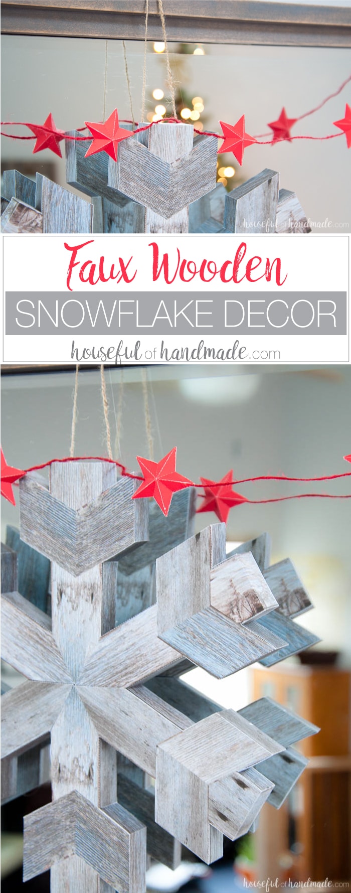If you don't like power tools you can still get these perfect wood snowflakes for your winter decor. This easy faux wooden snowflake decor is made out of paper but looks just like real wood. Make a bunch to decorate your Christmas tree or winter mantle. | Housefulofhandmade.com
