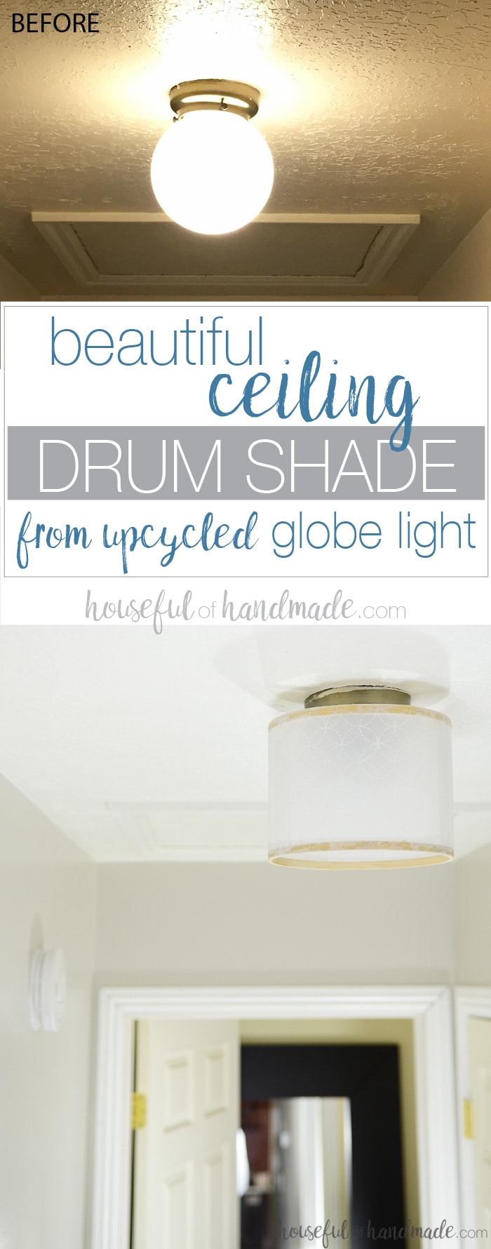 You are going to love this upcycle project! Turn your old globe lights into beautiful drum ceiling lights. You'll never believe how easy and inexpensive this drum shade was to DIY. Housefulofhandmade.com