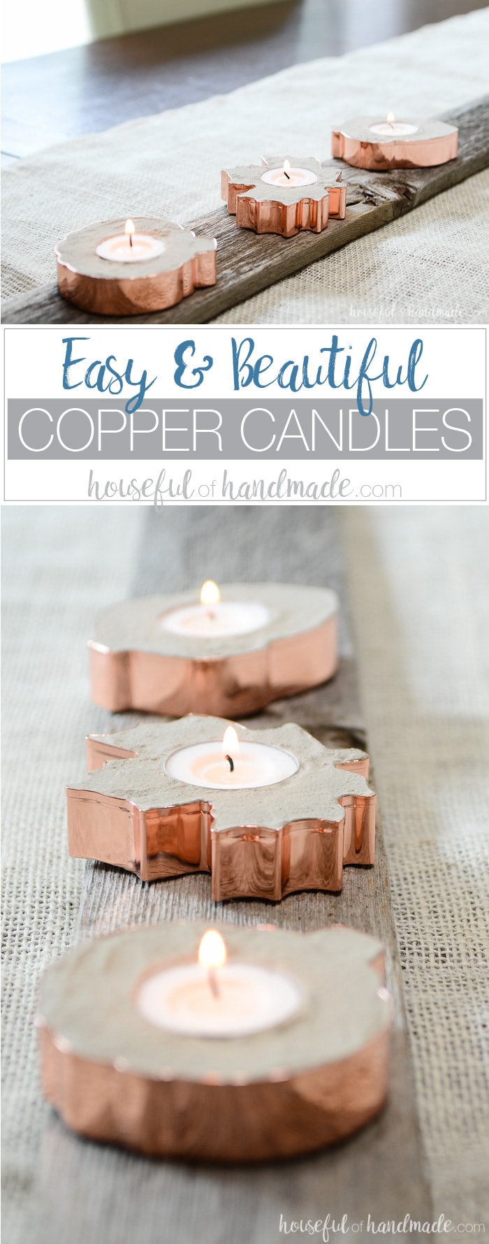 I love the concrete and copper together! Turn copper cookie cutters into beautiful copper candle holders with this easy DIY. Get the tutorial on Housefulofhandmade.com