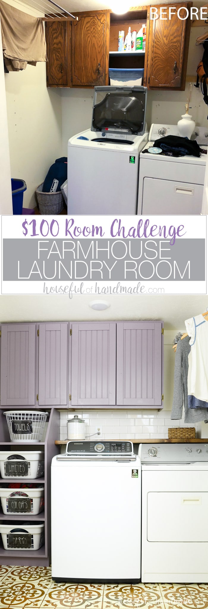 Can you transform a space for only $100? See how we turned our basement laundry room closet into a beautiful colorful farmhouse laundry room on a budget. This 1 month challenge required lots of smart choices and creativity, but the transformation is amazing! See the colorful farmhouse laundry room reveal. Housefulofhandmade.com