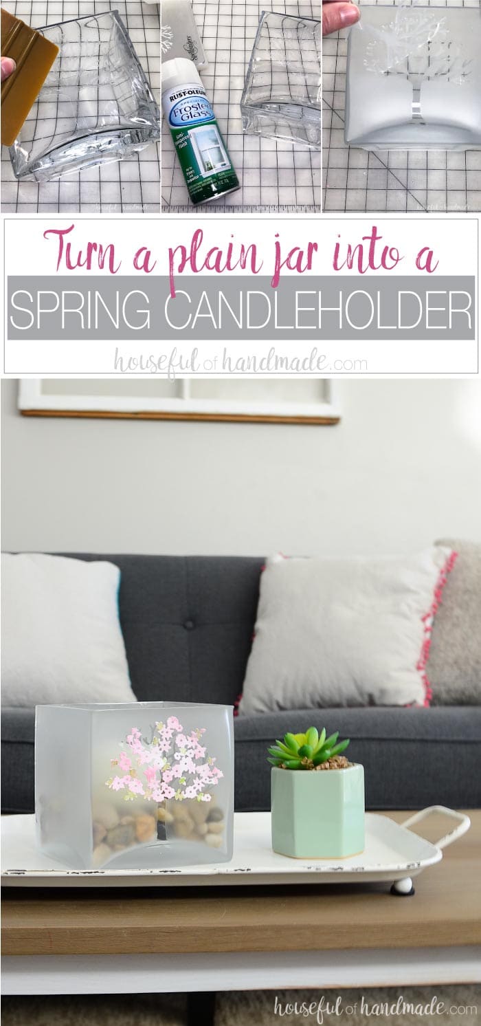 Decorate your home for spring with a large glass candle holder decorated with spring blossoms. This simple craft is the perfect way to shake the winter blues. Turn a boring glass candleholder into a beautiful piece of decor to transition the home into spring. Perfect for centerpieces or your spring mantel decor. Housefulofhandmade.com