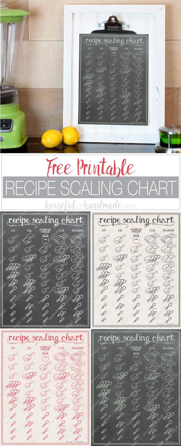Figuring out how to scale a recipe can be a challenge. Not anymore! This free printable recipe scaling chart will help you keep track of your new measurements while also being artwork for your kitchen. Includes measurements to help you 1/3, half, 1 1/2, and double any recipe. Housefulofhandmade.com