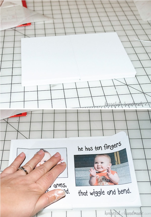 Picture of the center of the personalized kids book with two pieces of foam on each side before the label attached and a pictures of the label being attached to it.