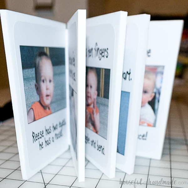 The finished custom kids foam book standing open showing the inside of the pages.