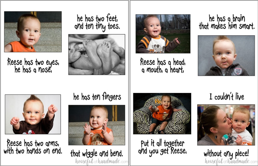 The design (pictures and words) of the inside of the custom kids book made for Reese.