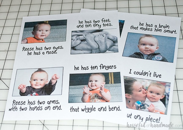 The inside of the personalized children's book printed out on the full size label pages.