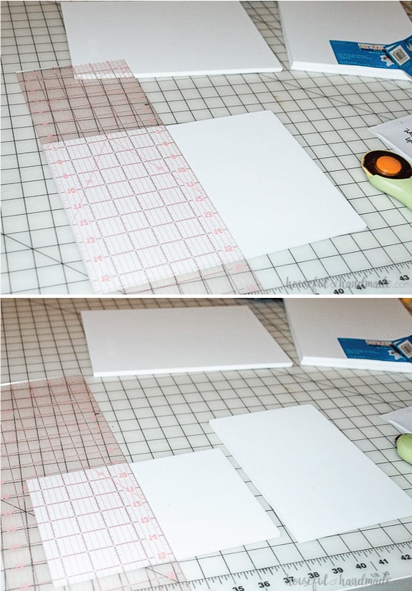 Two pictures showing the craft foam being cut into quarters with a rotary cutter and large acrylic ruler.