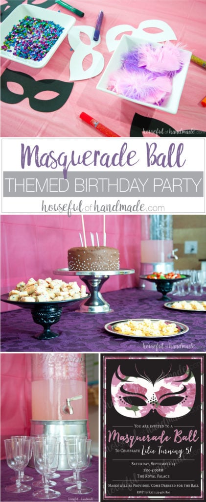 This is my new favorite kids birthday party theme! See how easy it was to create a masquerade ball themed birthday party. Includes ideas for the cake, food, games, decorations, and lots of printables too. | Housefulofhandmade.com