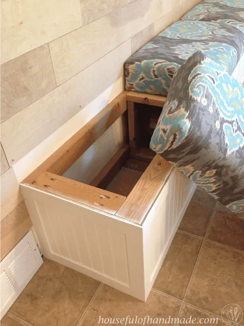 Image of the seat off showing the storage in the diy built in bench with storage.