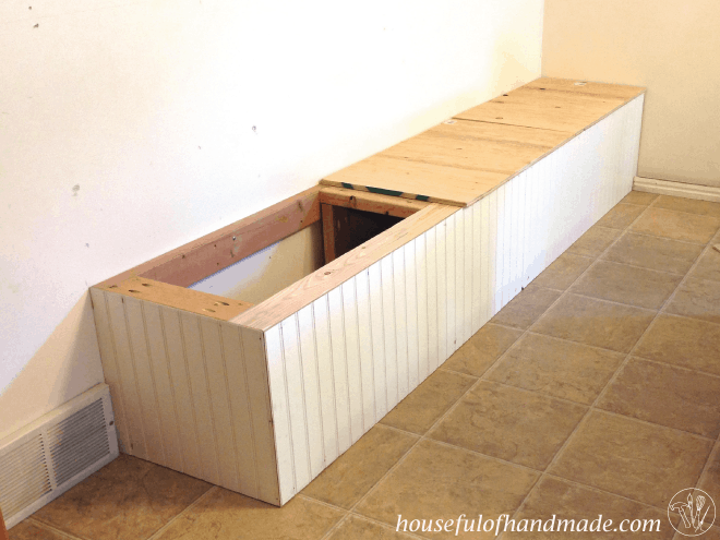 Adding the bead board to the built in bench seat from Houseful of Handmade.