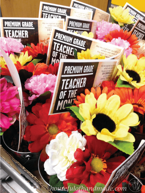 teacher appreciation gift ideas shown together in box with gift tags