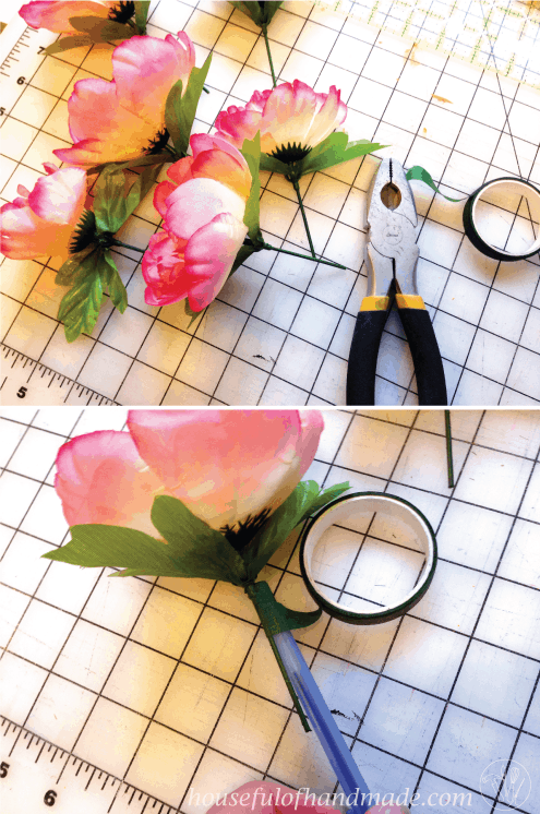 silk flowers shown on table with wire cutters and tape