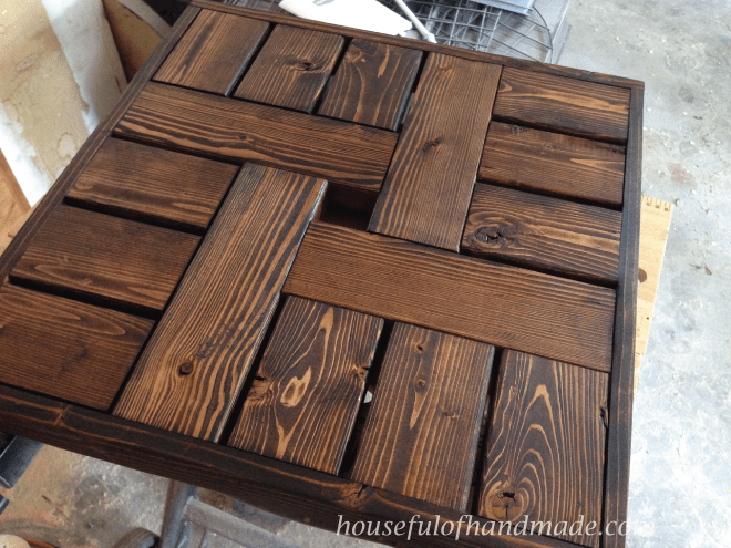 diy patio wood table top shown after being stained