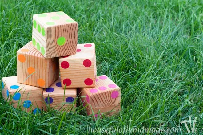 Make up a set of colorful yard dice to take to your next get together. Tutorial on Houseful of Handmade.