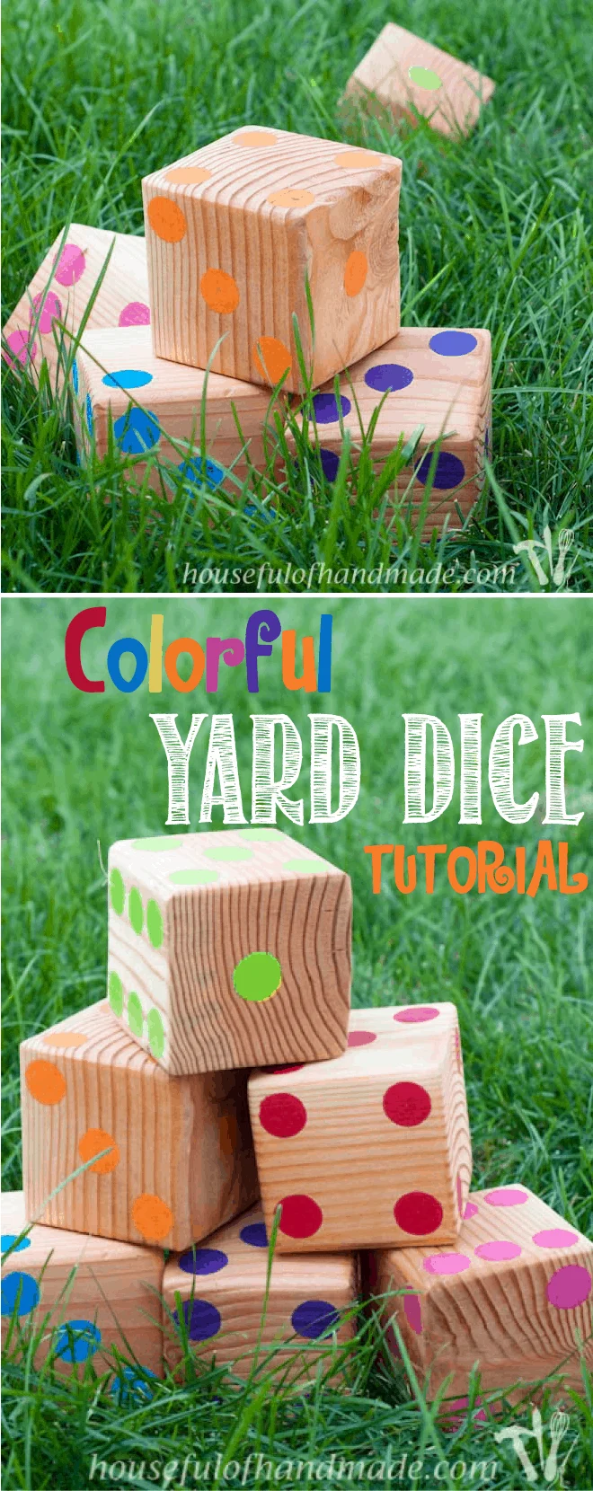 Make up a set of colorful yard dice to take to your next get together. Tutorial on Houseful of Handmade.