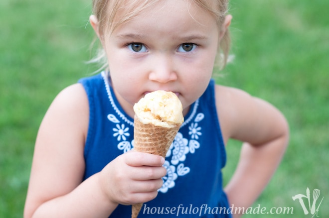 Super simple peach frozen yogurt with only 3 ingredients. Recipe on Houseful of Handmade.