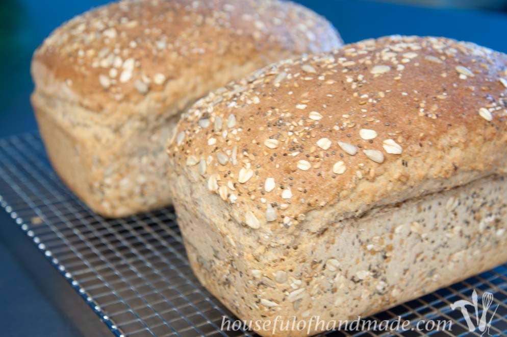This bread is so delicious! A soft but hearty whole grain seed bread made with whole wheat, oats and seeds. Recipe on Houseful of Handmade.