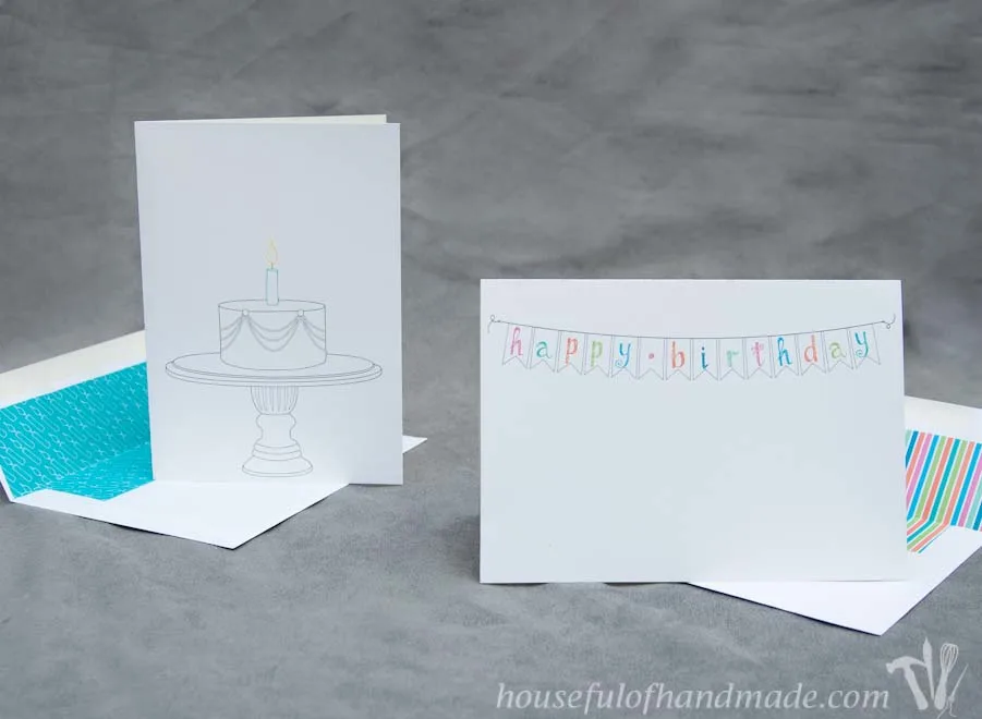 Free printable birthday cards with coordinating envelope inserts from Houseful of Handmade.