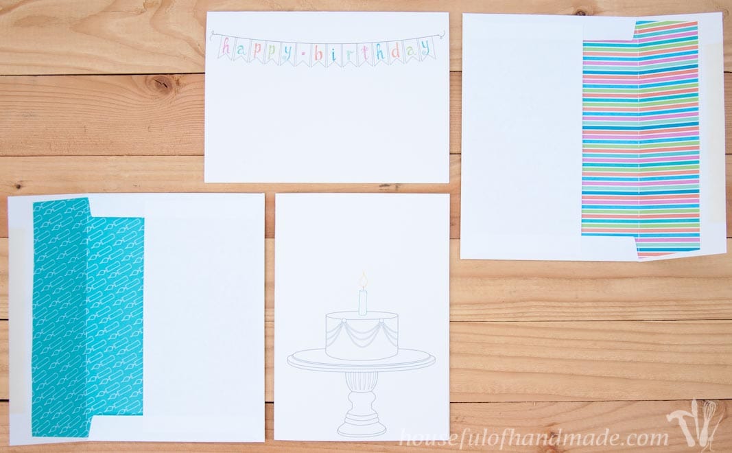 Free printable birthday cards with coordinating envelope inserts from Houseful of Handmade.
