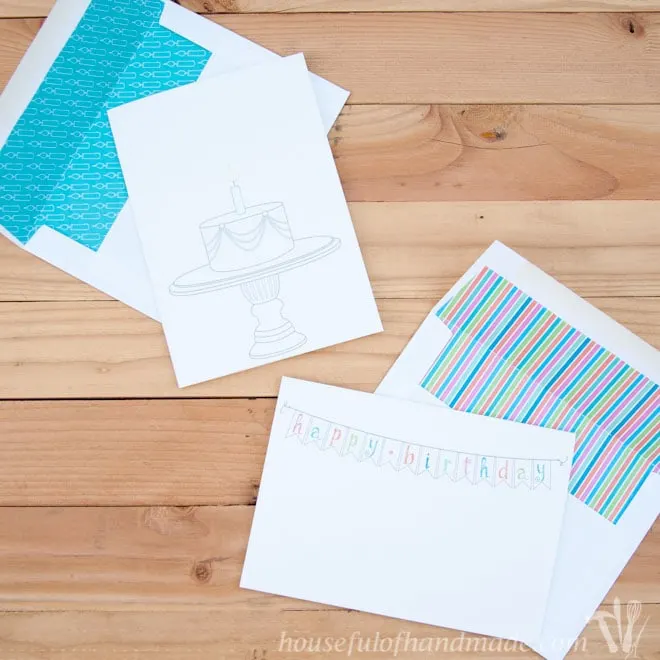 Free printable birthday cards with coordinating envelope inserts from Houseful of Handmade.