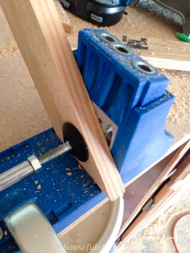 wood shown with Kreg jig for cutting wood frames