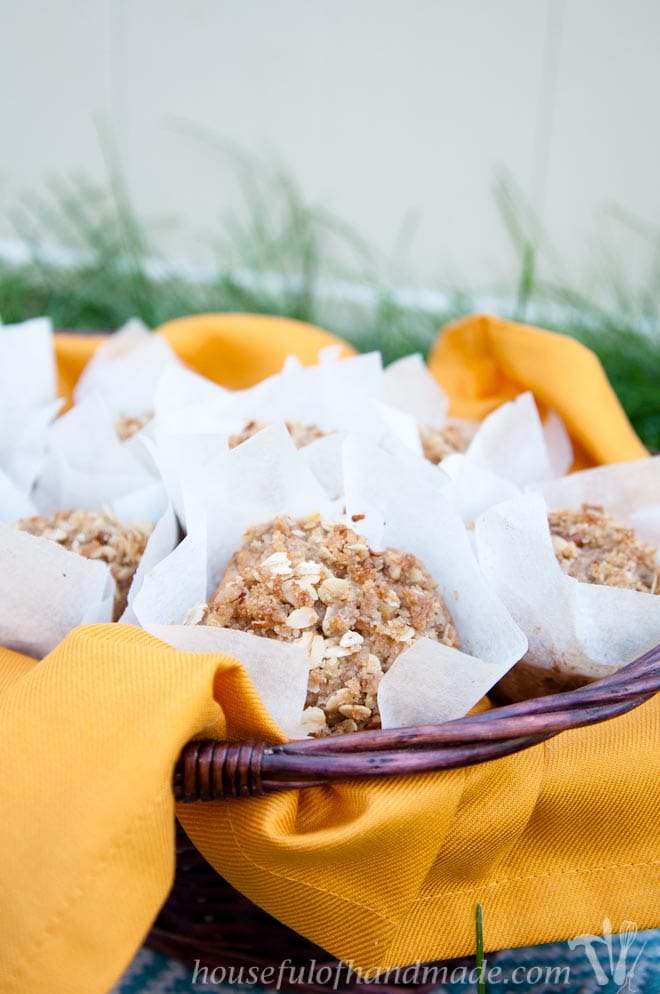These pear muffins are amazing! They are like a little bit of fall in your mouth. Delicious cinnamon and pear topped with an oatmeal crumble. Recipe on Houseful of Handmade.