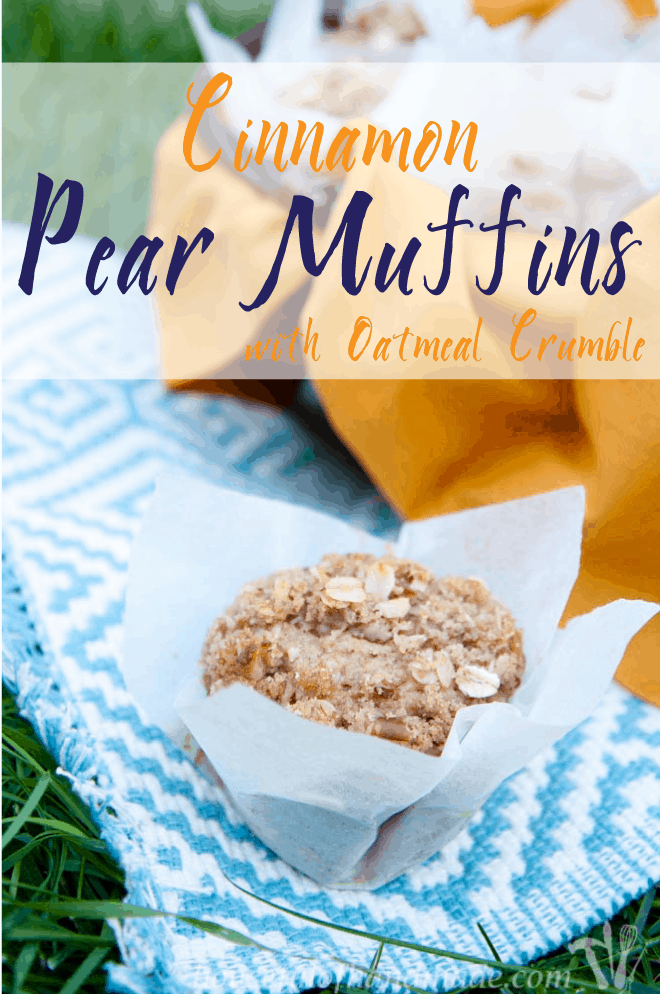 These pear muffins are amazing! They are like a little bit of fall in your mouth. Delicious cinnamon and pear topped with an oatmeal crumble. Recipe on Houseful of Handmade.
