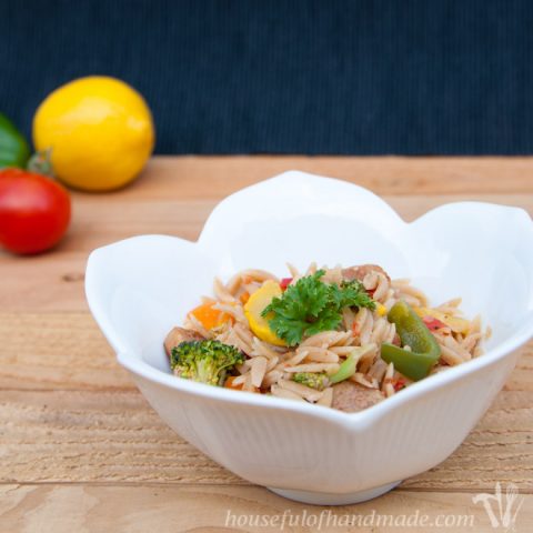 A delicious and easy pasta dish, packed with tons of vegetables from the garden. Recipe on Houseful of Handmade.