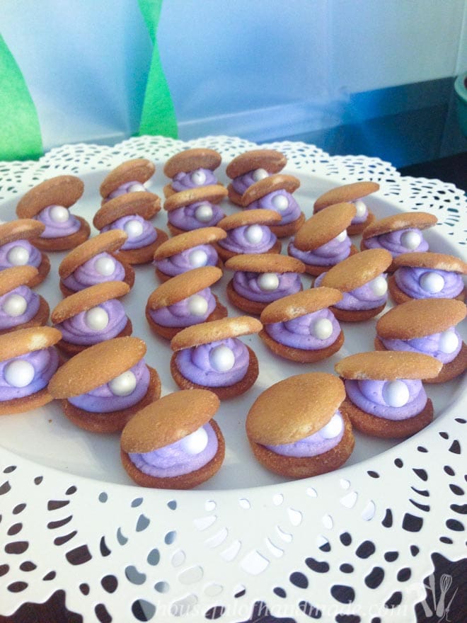 cookies that look like clams with oysters are a great mermaid birthday party food idea