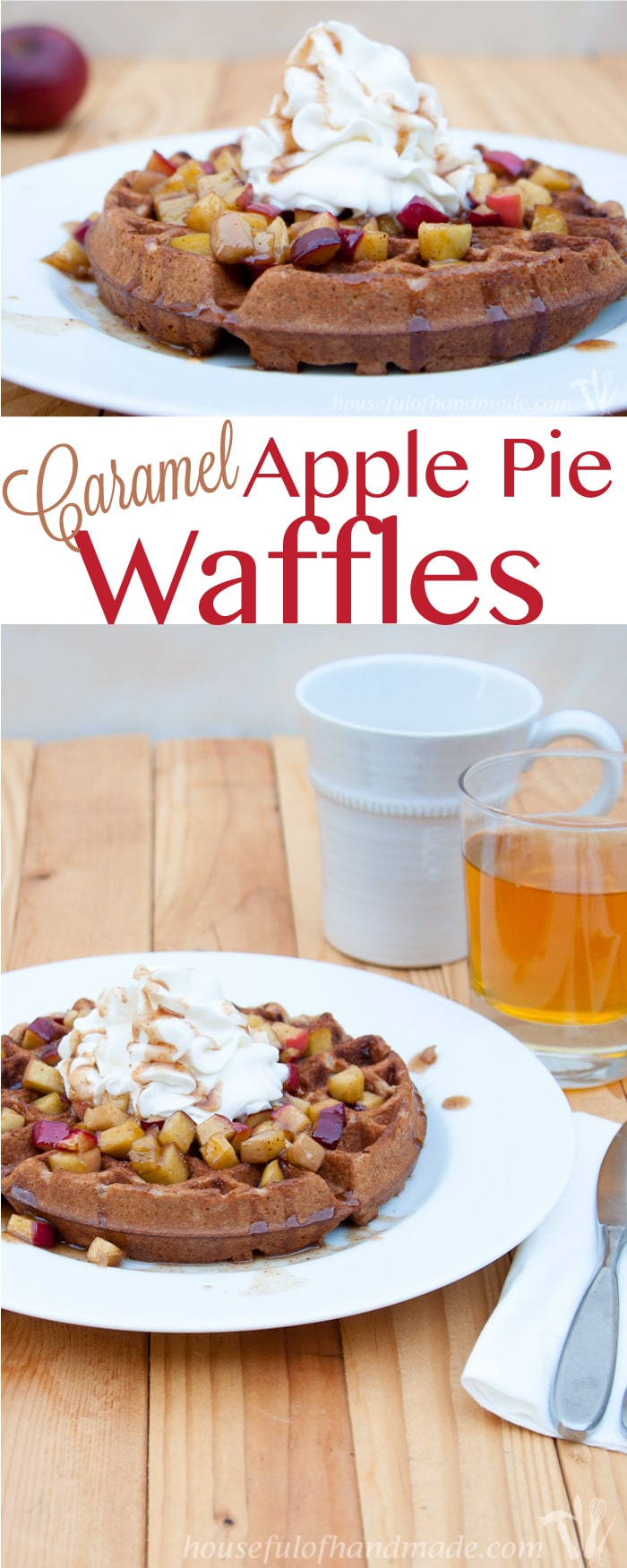 Dessert for breakfast? Why not! These delicious caramel apple pie waffles put a slice of dessert on your waffle with caramelized apples over a crisp, but chewy, waffle loaded with more apple goodness. | HousefulofHandmade.com