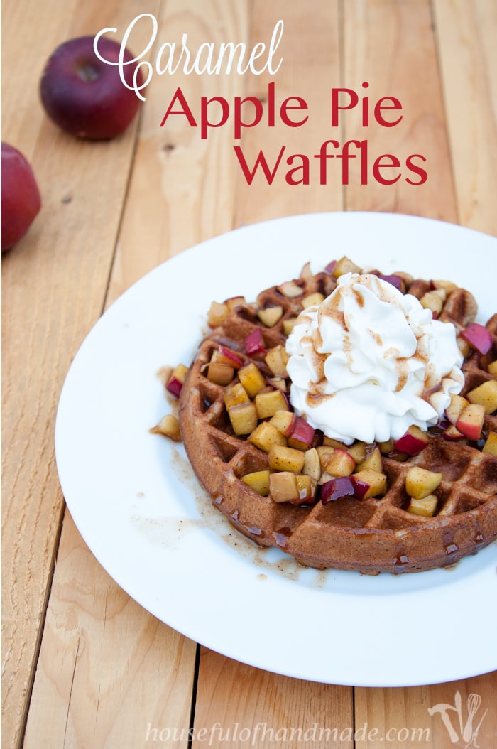 Dessert for breakfast? Why not! These delicious caramel apple pie waffles put a slice of dessert on your waffle with caramelized apples over a crisp, but chewy, waffle loaded with more apple goodness. | HousefulofHandmade.com