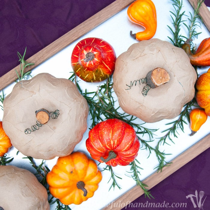 These pumpkins are beautiful. It's hard to believe they were ugly dollar store pumpkins. See how to make easy rustic pumpkins from dollar store pumpkins for only a couple dollars! | HousefulofHandmade.com