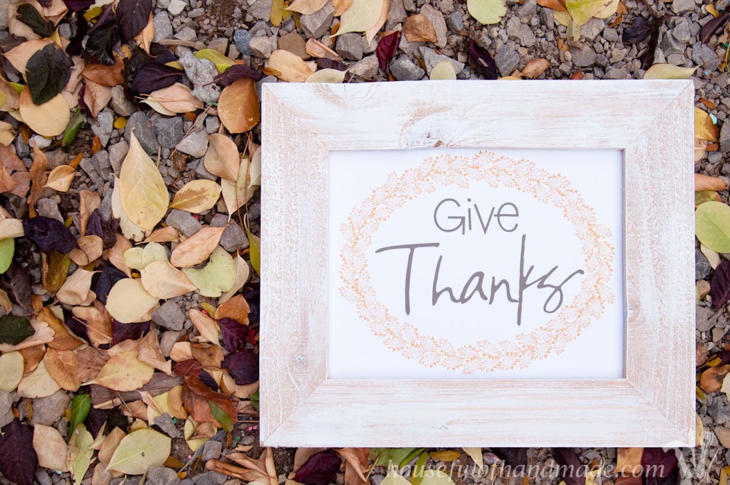 Bring the fall leaves inside with some beautiful free printable Thanksgiving art. Soft colors for fall with Thanksgiving sayings make decorating easy. | HousefulofHandmade.com