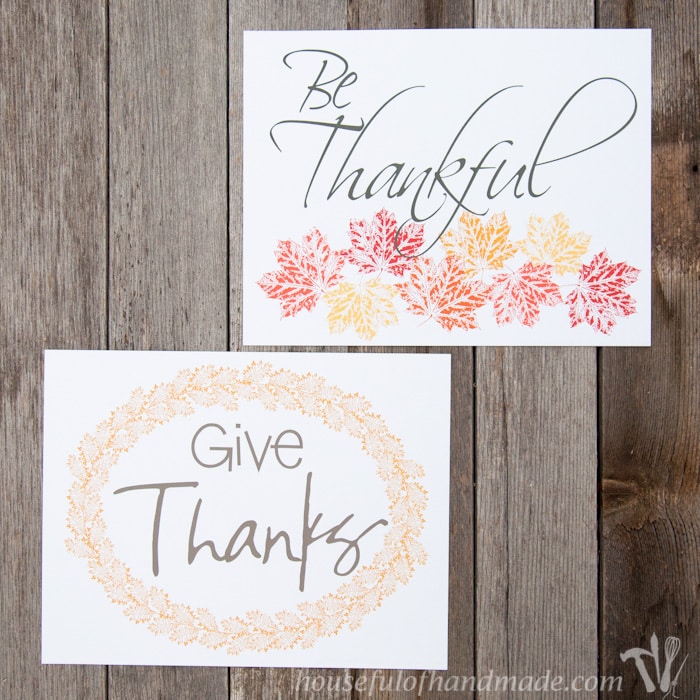 Bring the fall leaves inside with some beautiful free printable Thanksgiving art. Soft colors for fall with Thanksgiving sayings make decorating easy. | HousefulofHandmade.com