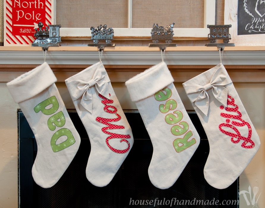  DIY personalized drop cloth Christmas stockings set of four hanging on mantel