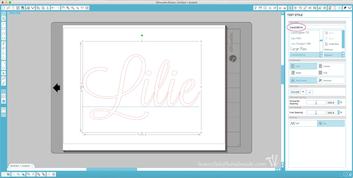 Lilie applique shown on computer with silhouette design.