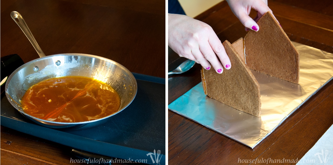 Don't let frustration over putting together gingerbread houses keep you from making traditions with your family. Use "Hot Glue" to put it together instead! This tutorial shows you how to easily assemble a gingerbread house with melted sugar. | Housefulofhandmade.com