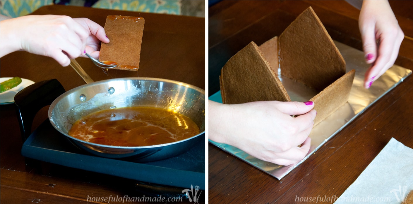 Don't let frustration over putting together gingerbread houses keep you from making traditions with your family. Use "Hot Glue" to put it together instead! This tutorial shows you how to easily assemble a gingerbread house with melted sugar. | Housefulofhandmade.com