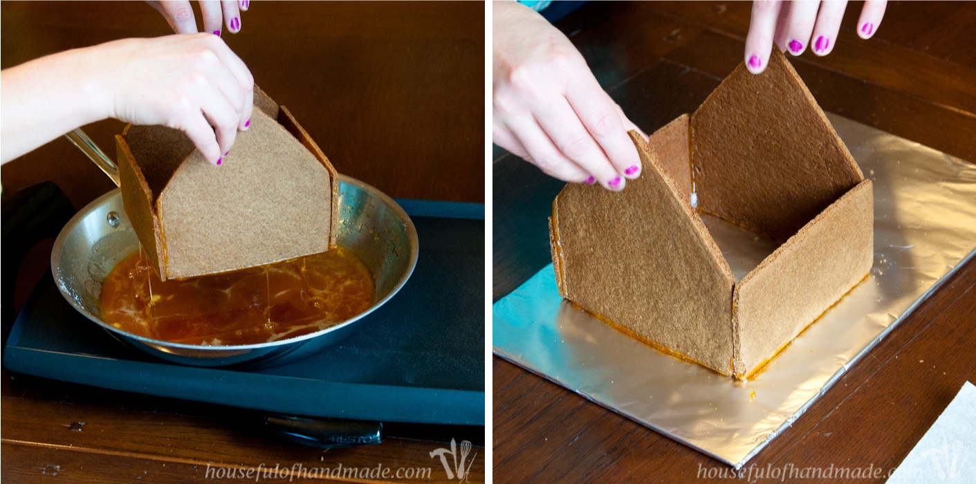 Don't let frustration over putting together gingerbread houses keep you from making traditions with your family. Use "Hot Glue" to put it together instead! This tutorial shows you how to easily assemble a gingerbread house with melted sugar. | Housefulofhandmade.com