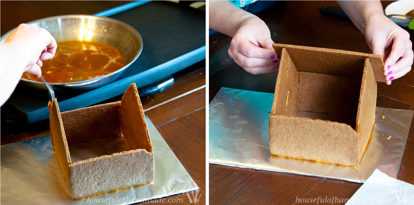 Don't let frustration over putting together gingerbread houses keep you from making traditions with your family. Use "Hot Glue" to put it together instead! This tutorial shows you how to easily assemble a gingerbread house with melted sugar. | Housefulofhandmade.com