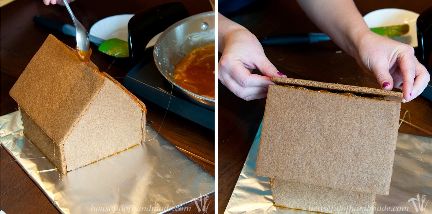 Don't let frustration over putting together gingerbread houses keep you from making traditions with your family. Use "Hot Glue" to put it together instead! This tutorial shows you how to easily assemble a gingerbread house with melted sugar. | Housefulofhandmade.com