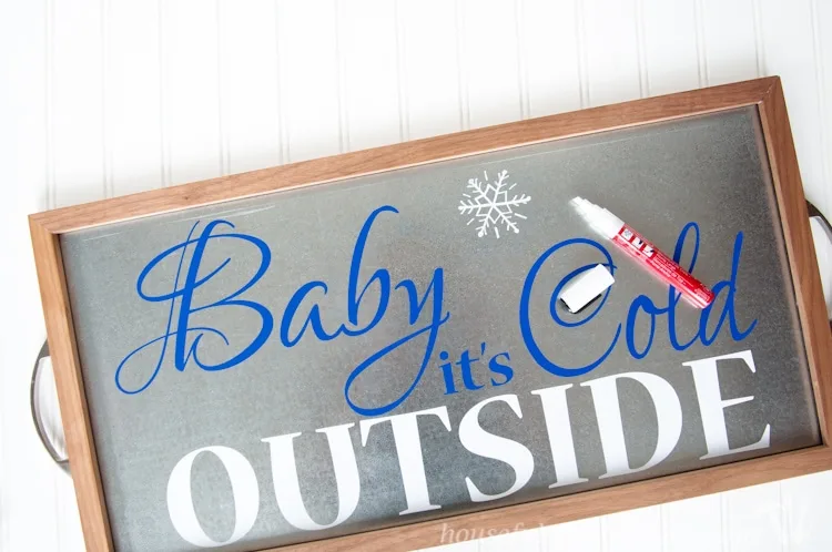 Time to warm up with this adorable decor for your hot cocoa or coffee station. Make a Baby It's Cold outside sign out of a DIY metal serving tray! | Housefulofhandmade.com | Housefulofhandmade.com