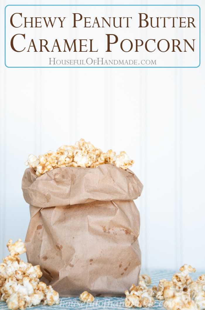 This is the best caramel popcorn ever! I love the sweet, nutty, and slightly salty flavor of this chewy peanut butter caramel popcorn. Day 1 of 14 days of popcorn. | Housefulofhandmade.com