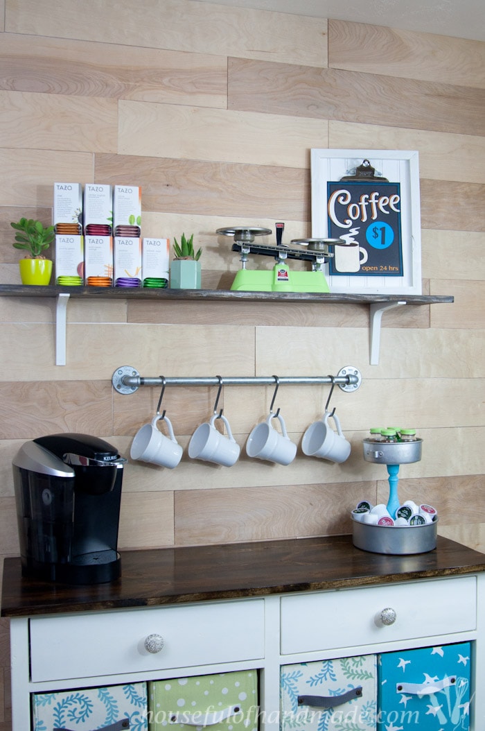 I love this coffee station. It has everything you need to make the perfect cup of coffee or tea. And has tons of storage! | Housefulofhandmade.com
