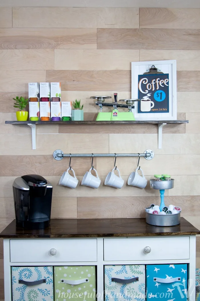 I love this coffee station. It has everything you need to make the perfect cup of coffee or tea. And has tons of storage! | Housefulofhandmade.com