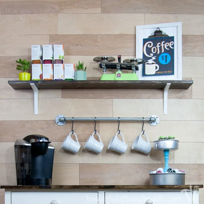 I love this coffee station. It has everything you need to make the perfect cup of coffee or tea. And has tons of storage! | Housefulofhandmade.com