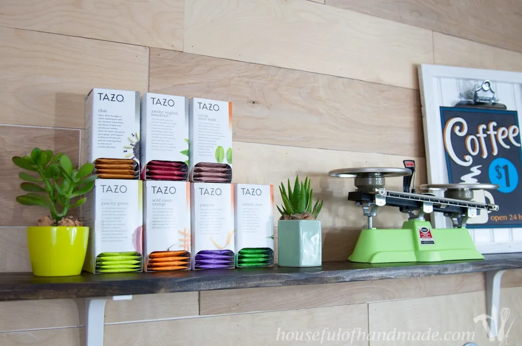 I love this coffee station. It has everything you need to make the perfect cup of coffee or tea. And has tons of storage! | Housefulofhandmade.com