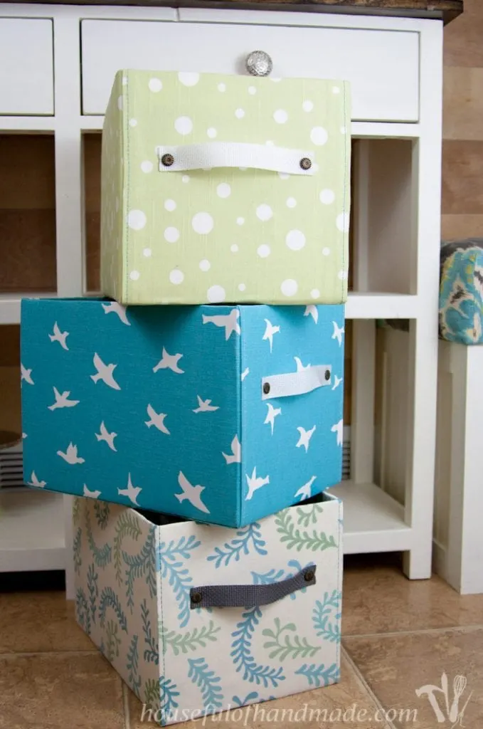 Create the perfect storage for any space with these easy DIY fabric storage boxes. Customize them for any space and with any fabric! Housefulofhandmade.com